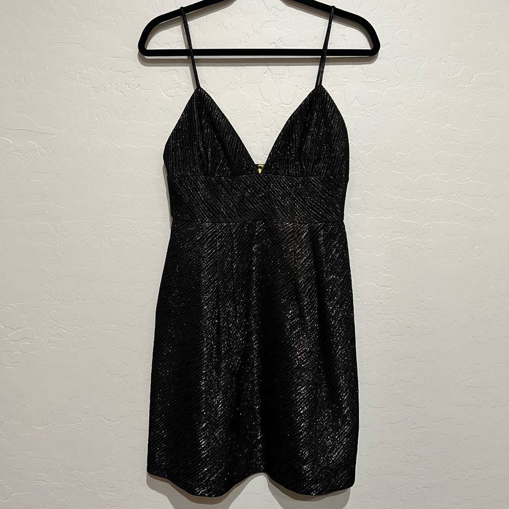 Milly Sparkly Fit and Flare Black Spaghetti Strap Dress with Bow in Back
